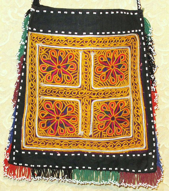 Top Handle Bag Black Satin Embroidered with Mirrors, Beads and